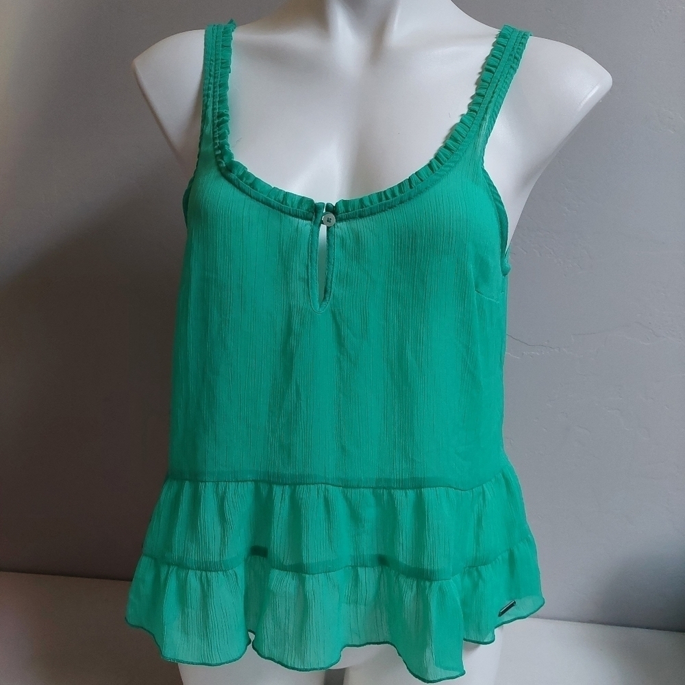 Vintage Abercrombie & Fitch Green Babydoll Top Size L Peplum Ruffle Keyhole Y2K